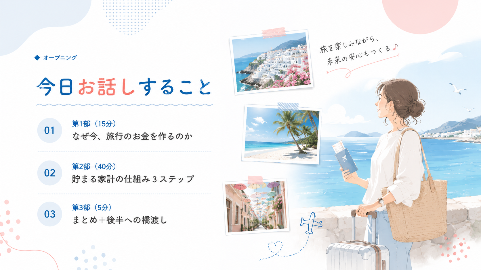今日お話しすること（第1部 なぜ今、旅行のお金を作るのか／第2部 貯まる家計の仕組み3ステップ／第3部 まとめ）